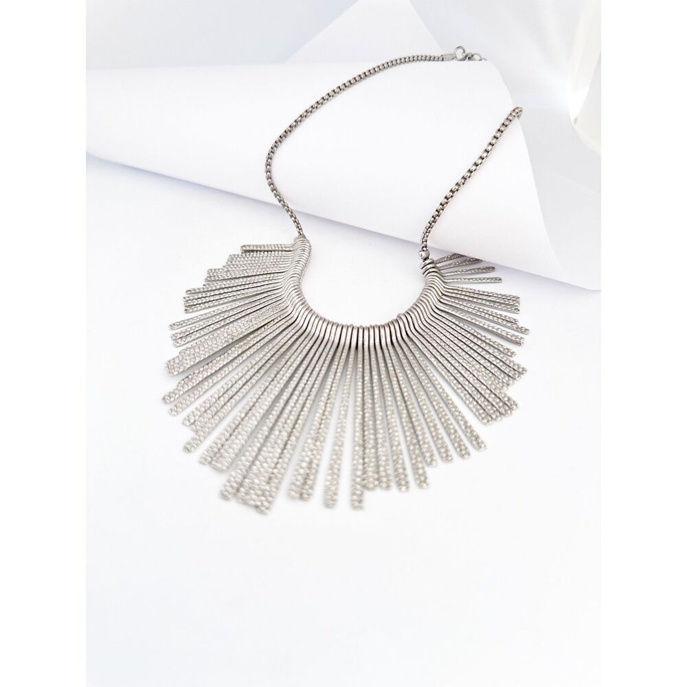 Silver Tone Fringe Starburst Bib Necklace Statement Jewelry